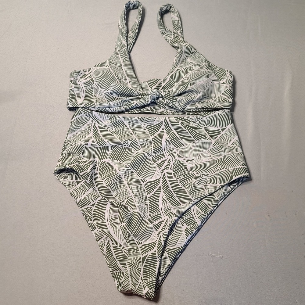 Retro Bikini Set Womens Small Green White Tropical Leaf Twist High Waist Boho